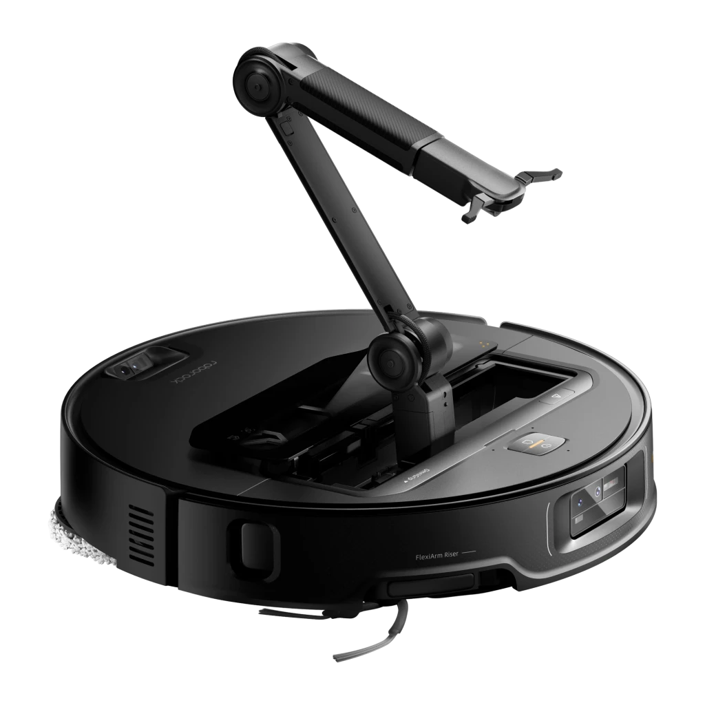 Roborock Saros Z70 Noir, vue de face: aspirateur robot sur base de vidage automatique noire avec bande jaune - Ítem1