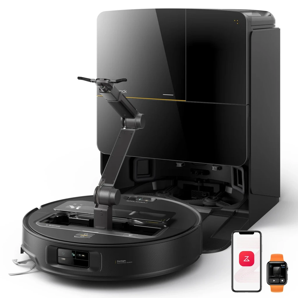 Roborock Saros Z70 Noir, vue de face: aspirateur robot sur base de vidage automatique noire avec bande jaune - Ítem2