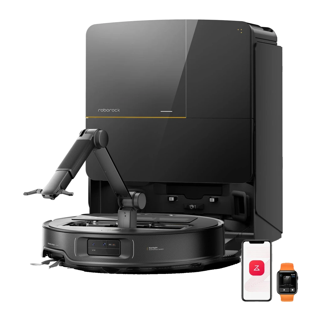 Roborock Saros Z70 Noir, vue de face: aspirateur robot sur base de vidage automatique noire avec bande jaune - Ítem3