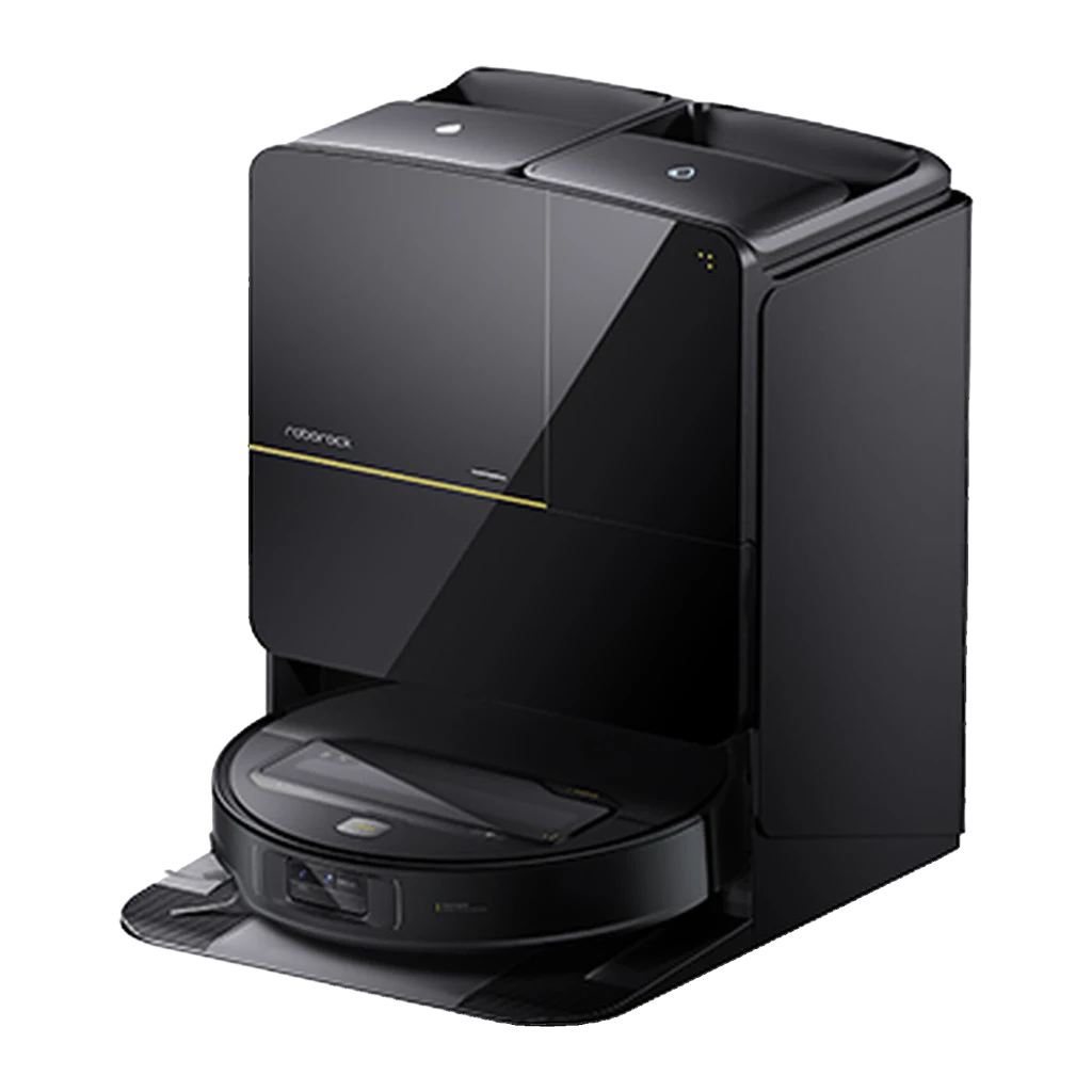 Roborock Saros Z70 Noir, vue de face: aspirateur robot sur base de vidage automatique noire avec bande jaune - Ítem4