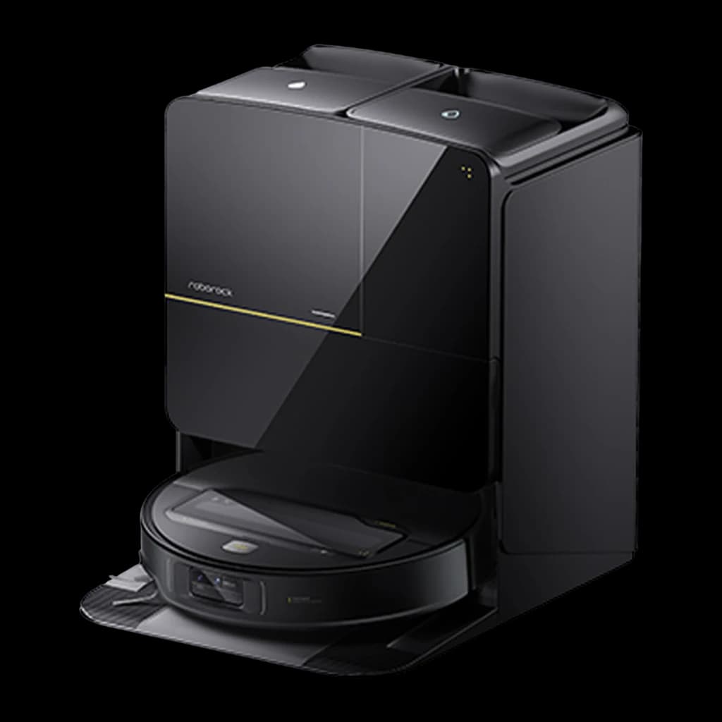 Roborock Saros Z70 negro, vista lateral: robot aspirador acoplado en base de autovaciado con franja dorada
