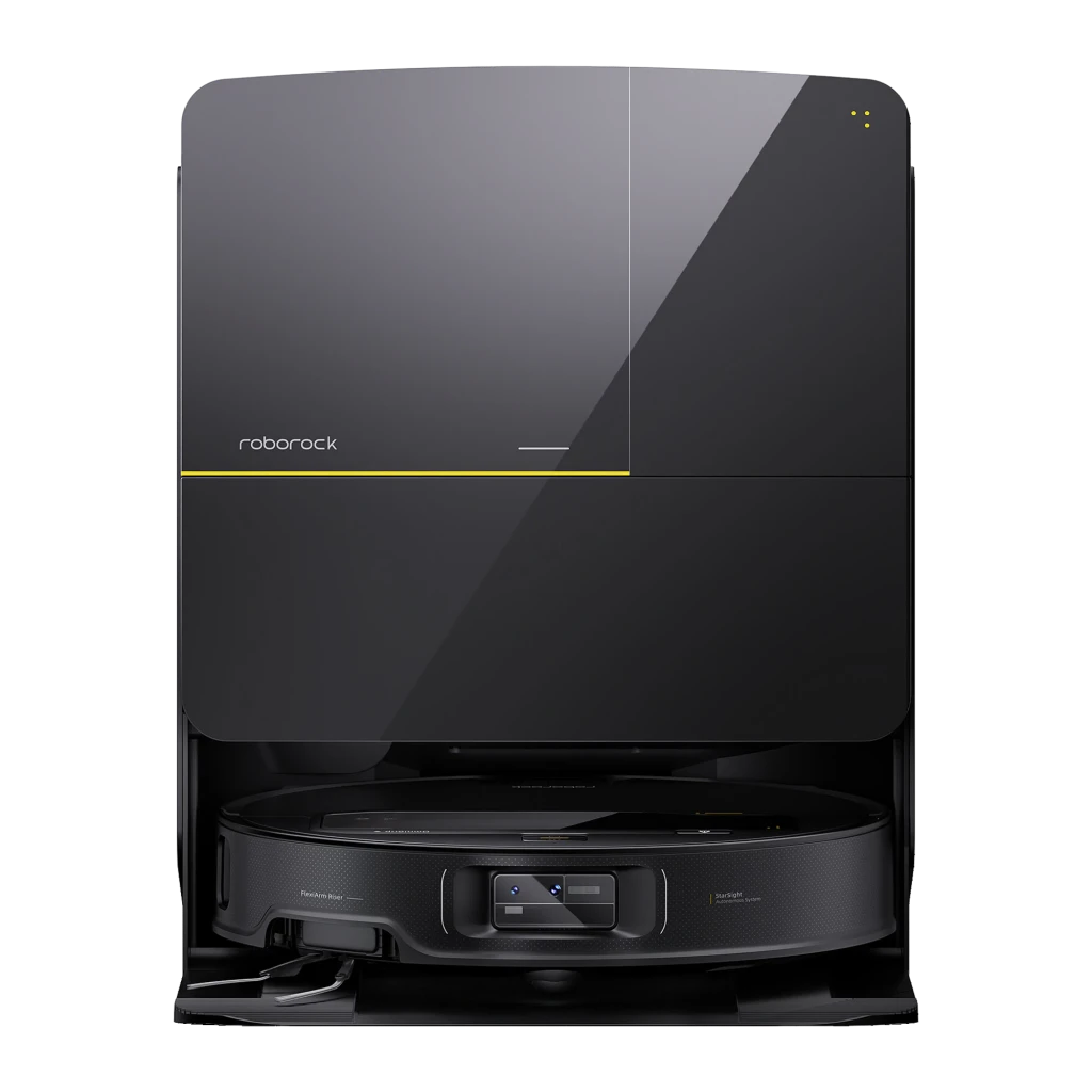 Roborock Saros Z70 Noir, vue de face: aspirateur robot sur base de vidage automatique noire avec bande jaune - Ítem5