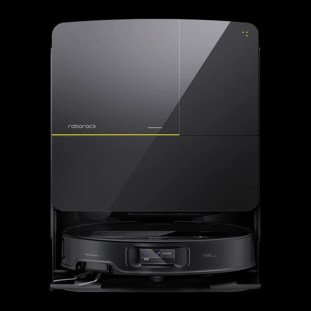 Roborock Saros Z70 negro, vista frontal: robot aspirador en base de carga negra con franja amarilla y módulo de sensores