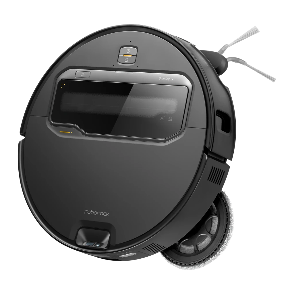 Roborock Saros Z70 Noir, vue de face: aspirateur robot sur base de vidage automatique noire avec bande jaune - Ítem6