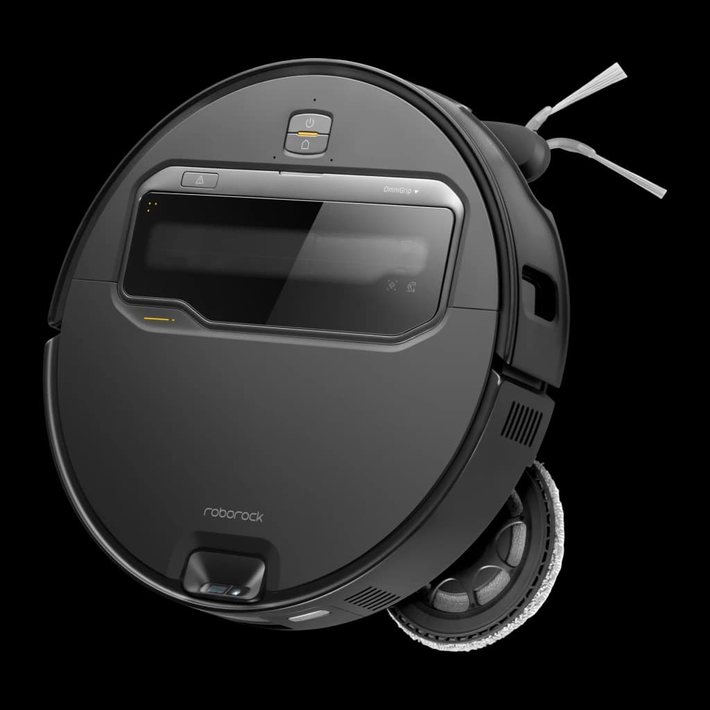 Roborock Saros Z70 negro, vista superior en ángulo: panel OmniGrip, botones, cepillo lateral y mopa visibles