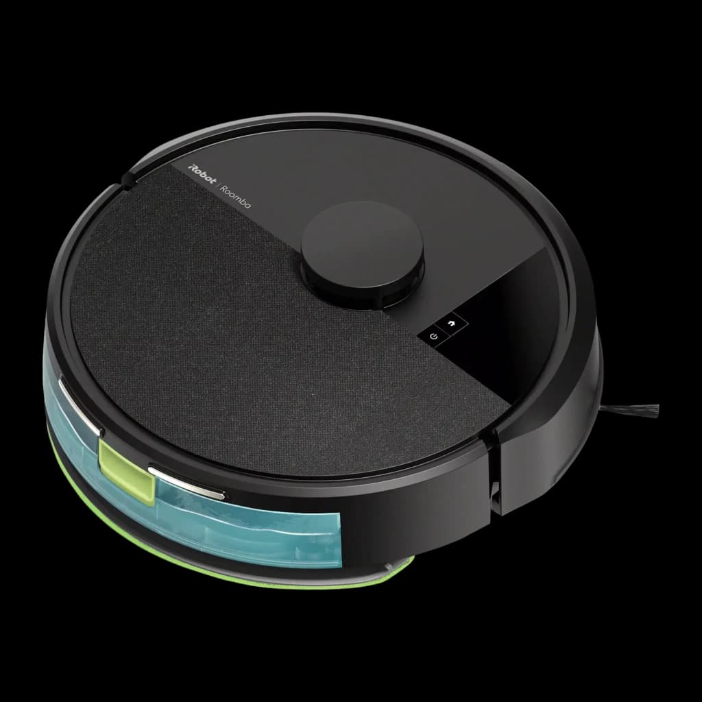 iRobot Roomba Combo 105 preto, vista superior em ângulo: tampa têxtil, torreta LiDAR central e depósito de água azul com