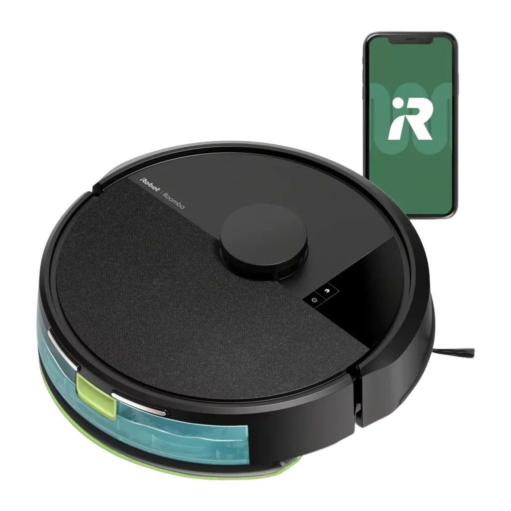 iRobot Roomba Combo 105 noir, vue supérieure en angle: couvercle textile, tourelle LiDAR centrale et réservoir d'eau bleu - Ítem1
