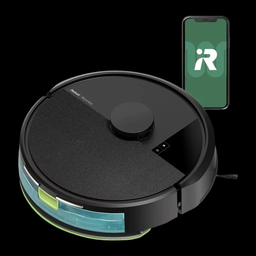 iRobot Roomba Combo 105 preto, vista com app: robô em ângulo ao lado de smartphone com a app iRobot no ecrã