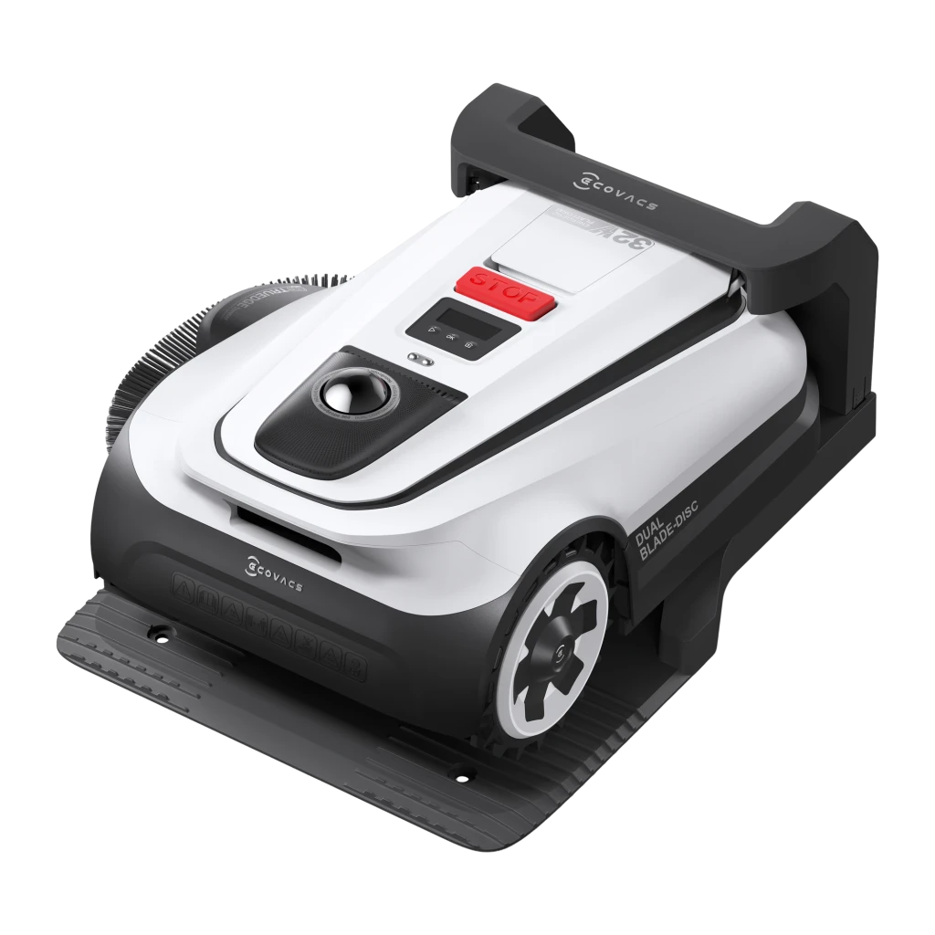 Ecovacs GOAT A1600 LiDAR PRO noir, vue avant en angle: capteur LiDAR, bouton STOP rouge, caméra frontale et trimmer TrueEdge - Ítem2