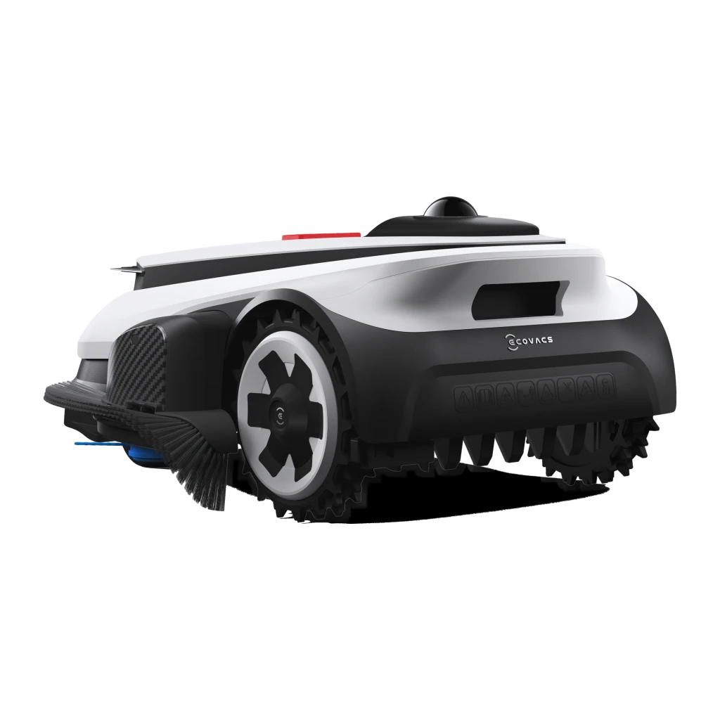Ecovacs GOAT A1600 LiDAR PRO noir, vue avant en angle: capteur LiDAR, bouton STOP rouge, caméra frontale et trimmer TrueEdge - Ítem12