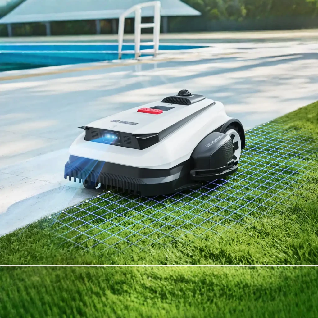 Ecovacs GOAT A1600 LiDAR PRO noir, vue avant en angle: capteur LiDAR, bouton STOP rouge, caméra frontale et trimmer TrueEdge - Ítem5