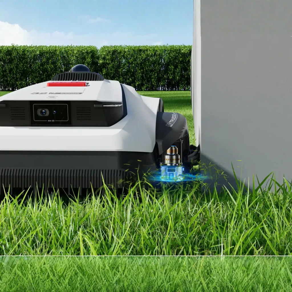 Ecovacs GOAT A1600 LiDAR PRO noir, vue avant en angle: capteur LiDAR, bouton STOP rouge, caméra frontale et trimmer TrueEdge - Ítem4