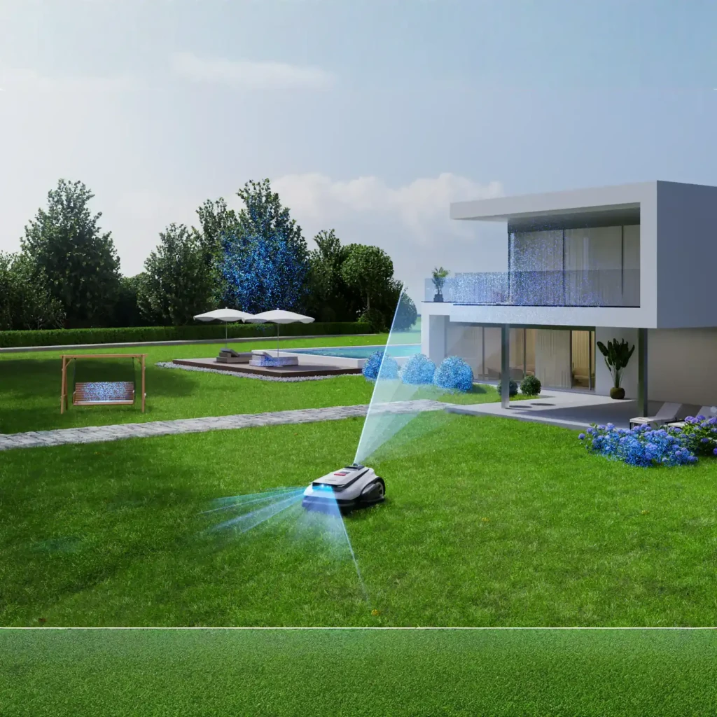 Ecovacs GOAT A1600 LiDAR PRO noir, vue avant en angle: capteur LiDAR, bouton STOP rouge, caméra frontale et trimmer TrueEdge - Ítem7