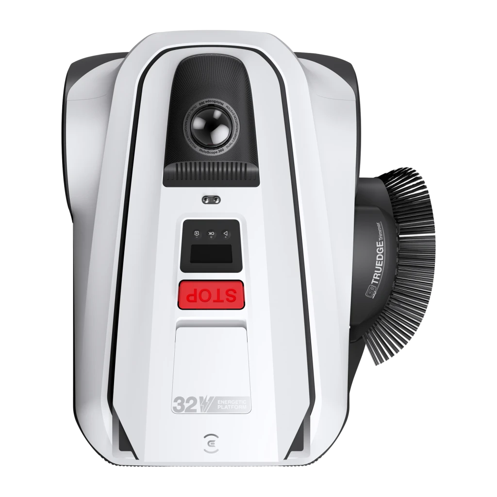 Ecovacs GOAT A1600 LiDAR PRO noir, vue avant en angle: capteur LiDAR, bouton STOP rouge, caméra frontale et trimmer TrueEdge - Ítem1