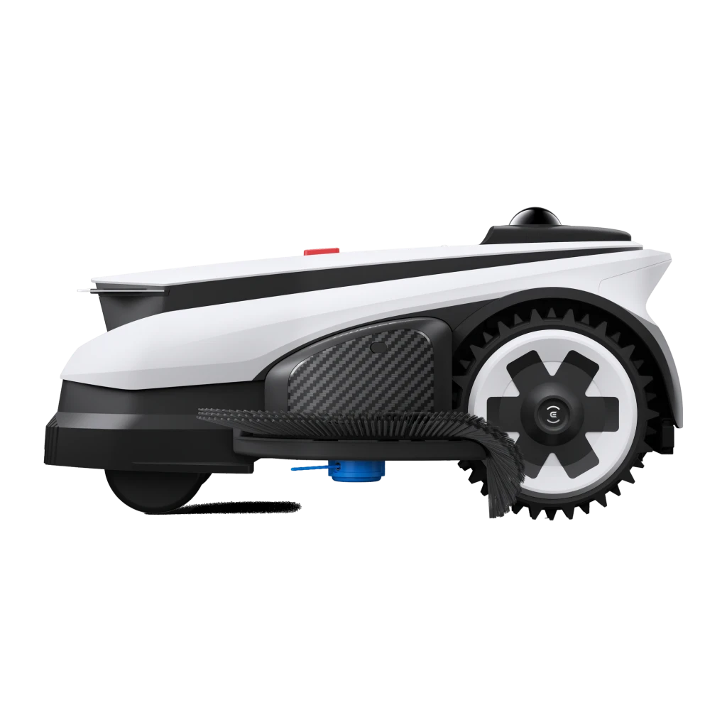 Ecovacs GOAT A1600 LiDAR PRO noir, vue avant en angle: capteur LiDAR, bouton STOP rouge, caméra frontale et trimmer TrueEdge - Ítem3