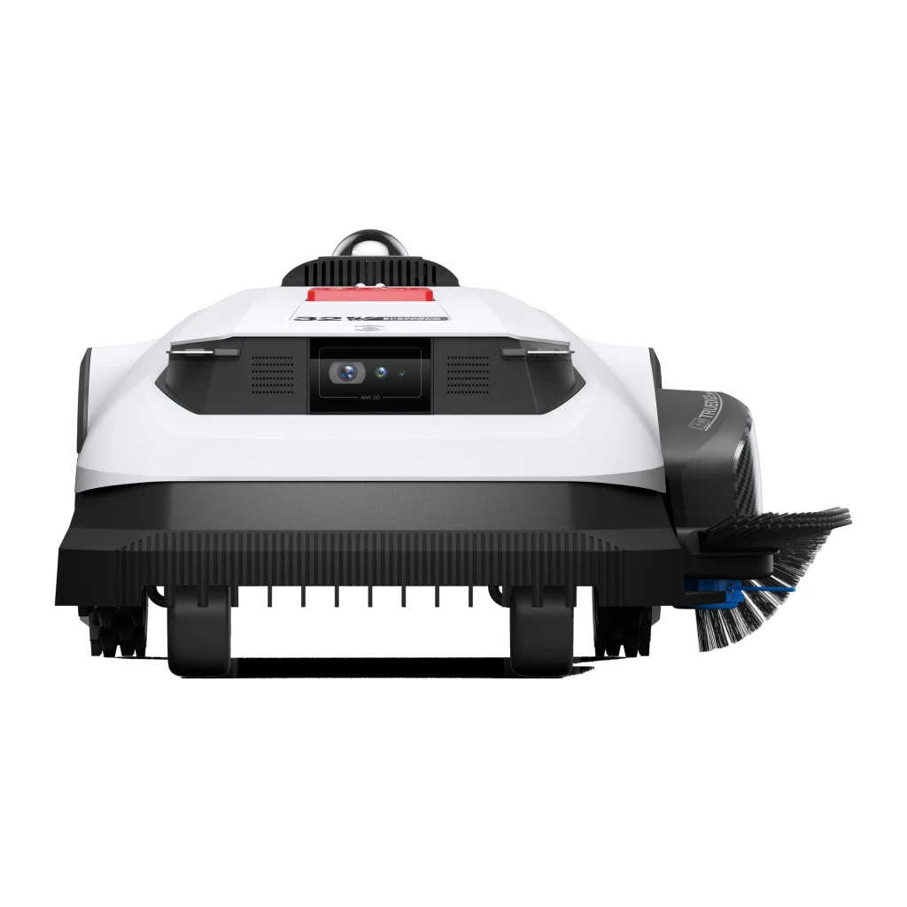 Ecovacs GOAT A1600 LiDAR PRO noir, vue avant en angle: capteur LiDAR, bouton STOP rouge, caméra frontale et trimmer TrueEdge - Ítem6