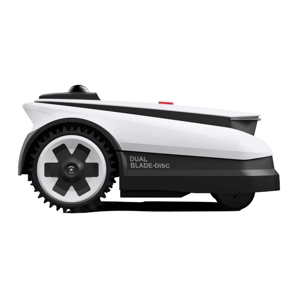 Ecovacs GOAT A1600 LiDAR PRO noir, vue avant en angle: capteur LiDAR, bouton STOP rouge, caméra frontale et trimmer TrueEdge - Ítem10