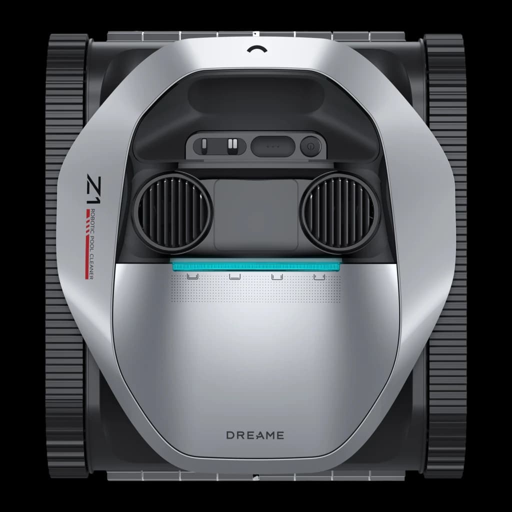 Dreame Robot limpiafondos Z1 negro, vista superior: logo Z1, doble ventilador, franja turquesa y orugas laterales