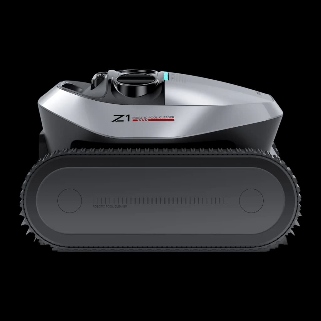Dreame Robot limpiafondos Z1 Negro, vista lateral: orugas de tracción, carcasa plateada y logo Z1 visible