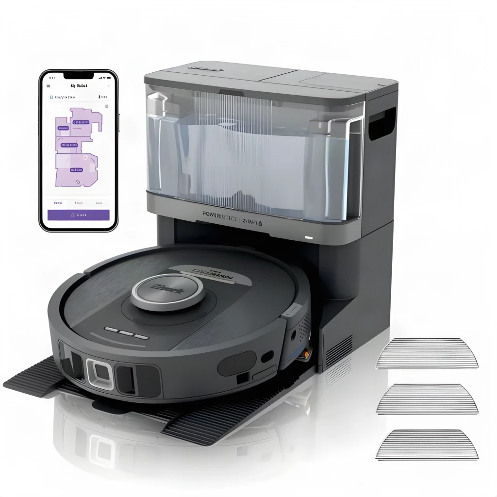 Shark RV2800YEEU Robot Aspirateur Laveur Noir Argent, vue avant: robot sur base de vidage avec réservoir et app de - Ítem1