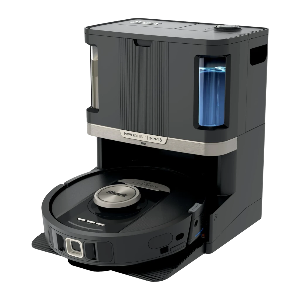 Shark RV2800ZEEU Robot Vacuum & Mop noir, vue de face: robot et base PowerDetect avec deux réservoirs d'eau visibles - Ítem2