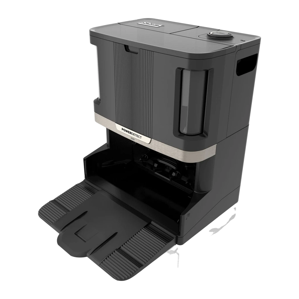 Shark RV2800ZEEU Robot Vacuum & Mop noir, vue de face: robot et base PowerDetect avec deux réservoirs d'eau visibles - Ítem1