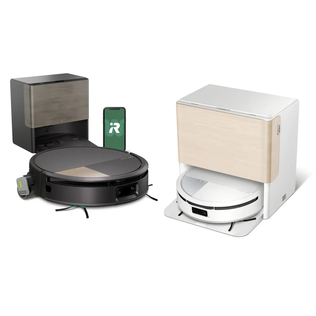 iRobot Roomba Combo Max 705 noir, vue diagonale: robot aspirateur sur station blanche avec panneau doré - Ítem2