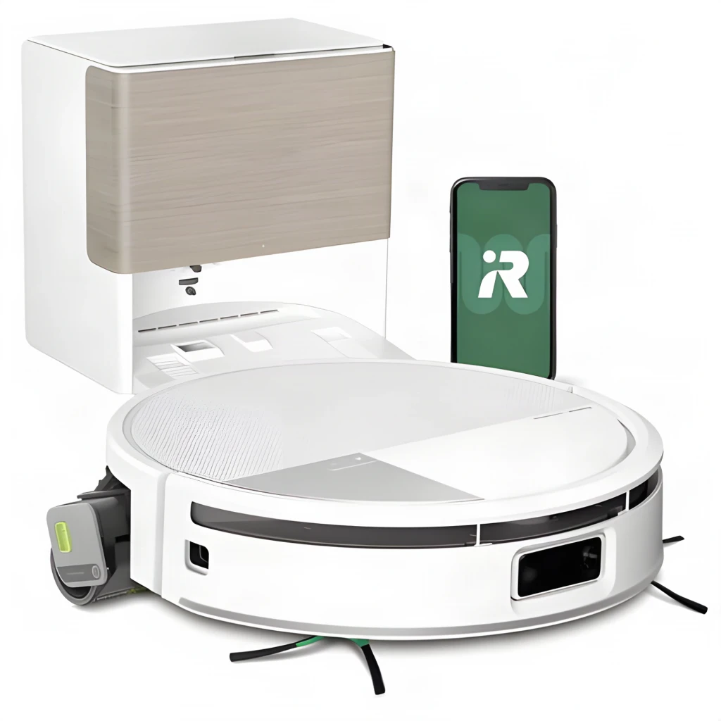 iRobot Roomba Combo Max 705 noir, vue diagonale: robot aspirateur sur station blanche avec panneau doré - Ítem1