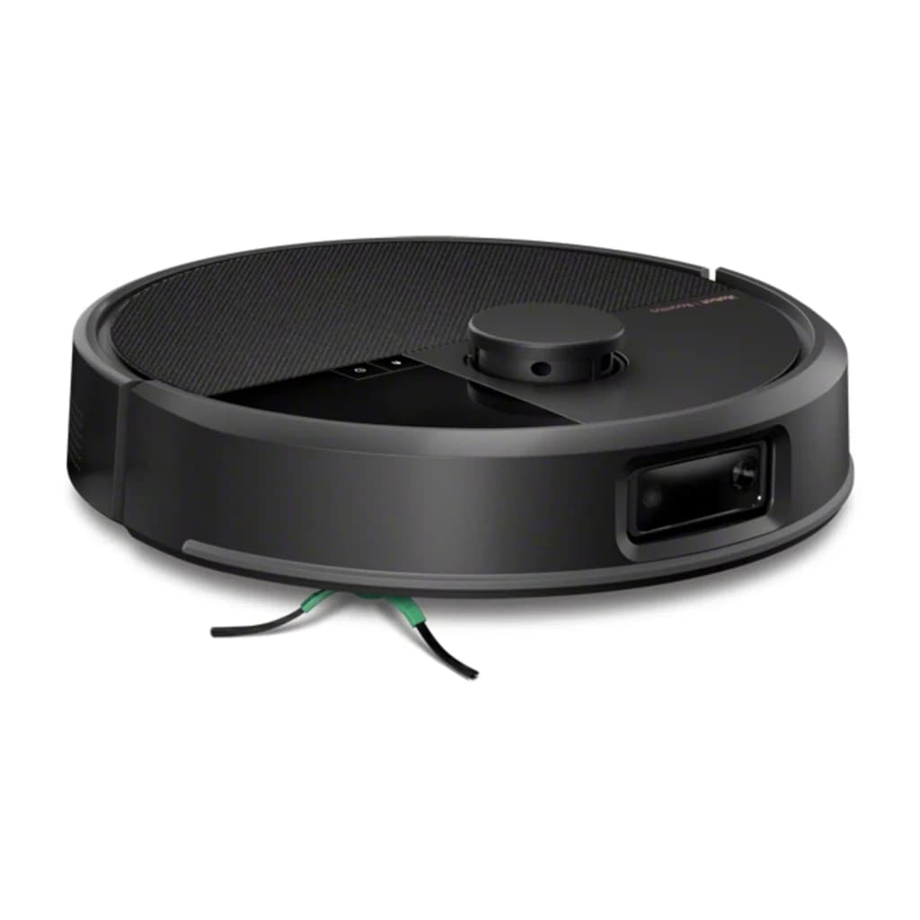 iRobot Roomba Max 705 VAC preto, vista frontal-lateral: sensor frontal, escova lateral verde e módulo de câmeras visíveis