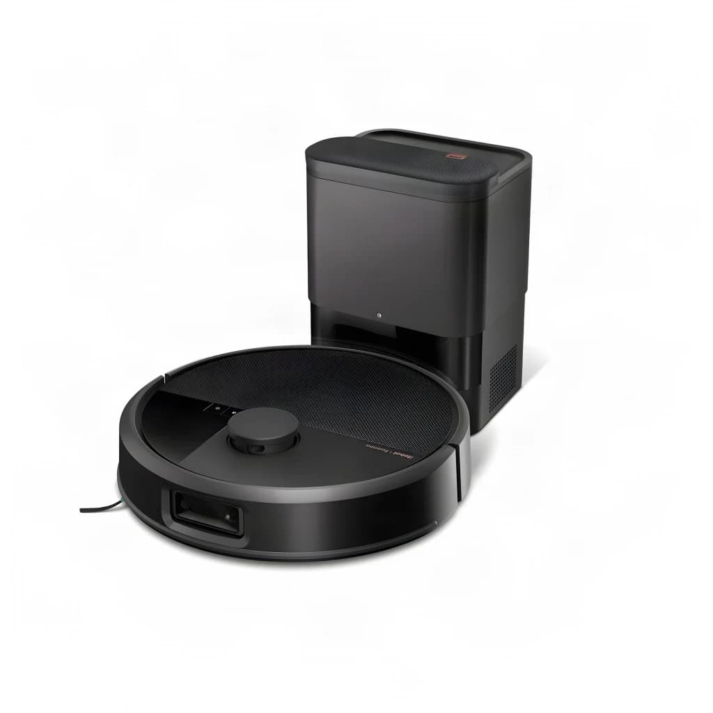 iRobot Roomba Max 705 VAC preto com estação Auto Empty, vista diagonal: robô à frente da base de esvaziamento automático