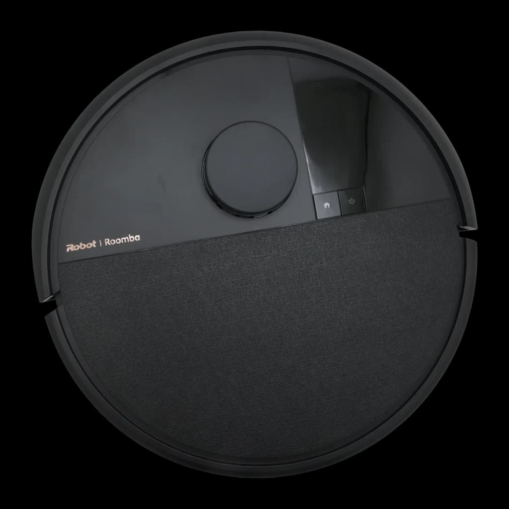 iRobot Roomba Max 705 VAC preto, vista superior: corpo circular, sensor central, logo e botões visíveis