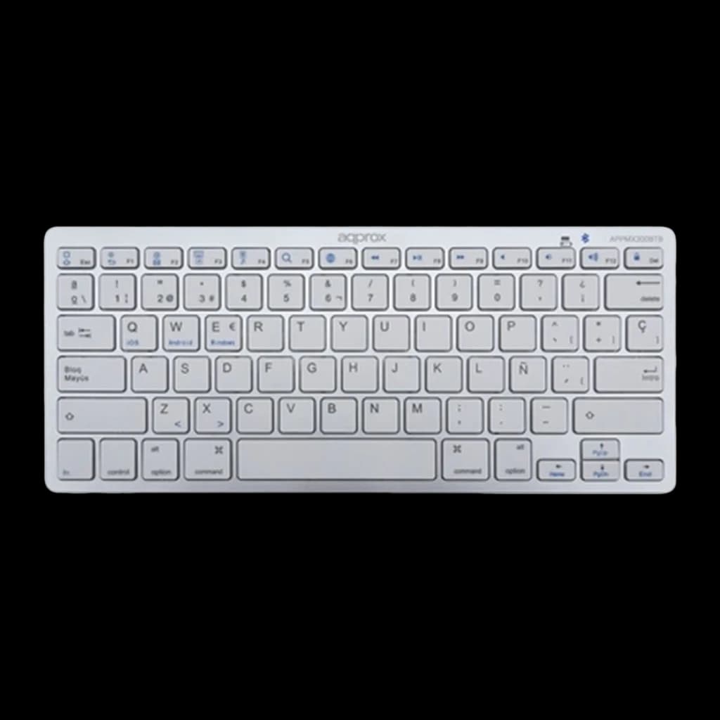 Approx APPMX300BTS clavier Bluetooth argent, vue de dessus: disposition QWERTY espagnol, touches blanches et icônes