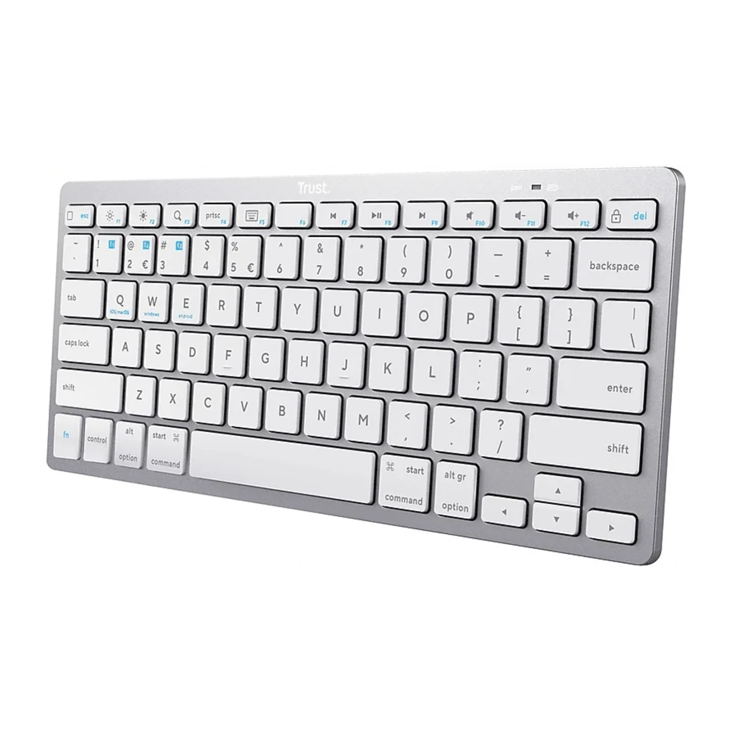 Approx APPMX300BTS clavier Bluetooth argent, vue de dessus: disposition QWERTY espagnol, touches blanches et icônes - Ítem1