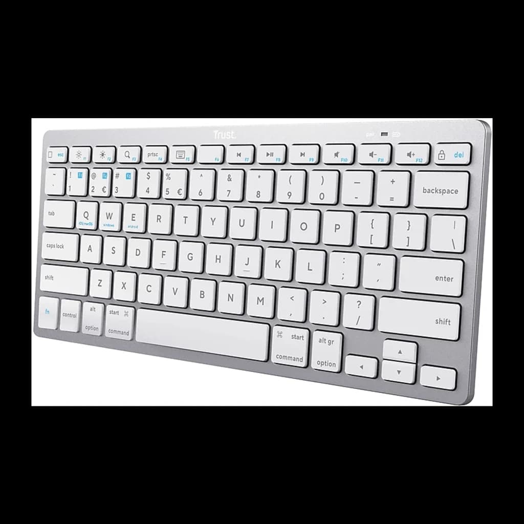 Approx APPMX300BTS clavier Bluetooth argent, vue en angle: touches blanches QWERTY espagnol avec icônes bleues et cadre