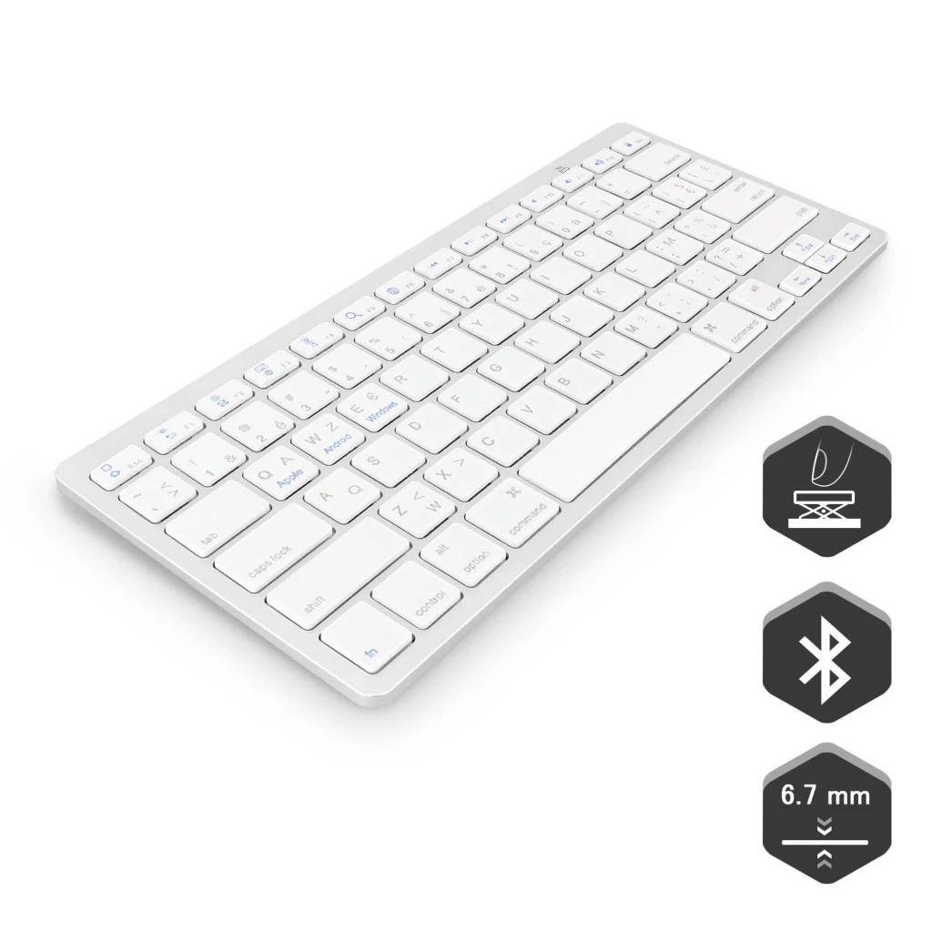 Approx APPMX300BTS clavier Bluetooth argent, vue de dessus: disposition QWERTY espagnol, touches blanches et icônes - Ítem2