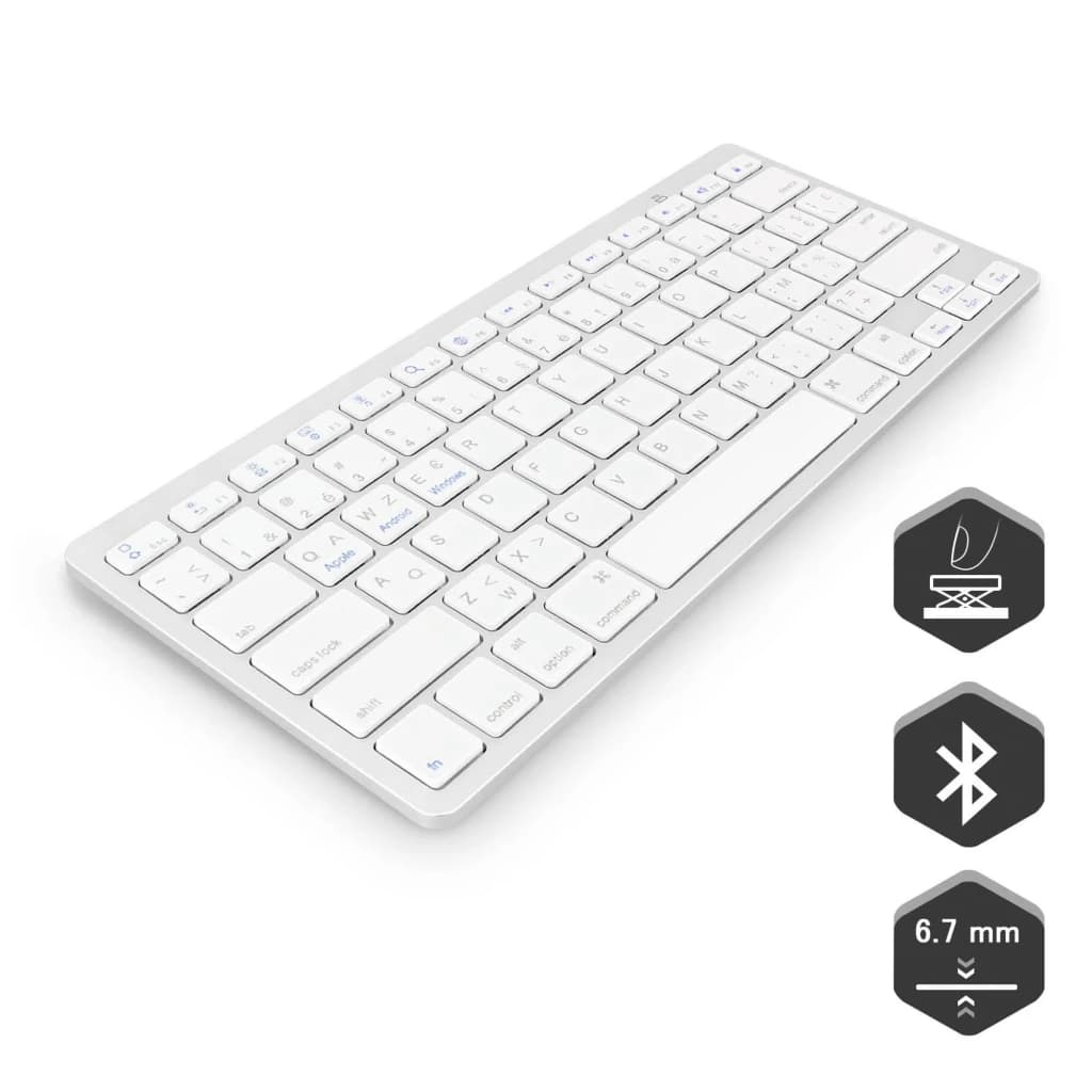 Approx APPMX300BTS clavier Bluetooth argent, vue en perspective: touches blanches QWERTY, icônes Bluetooth, ciseaux et