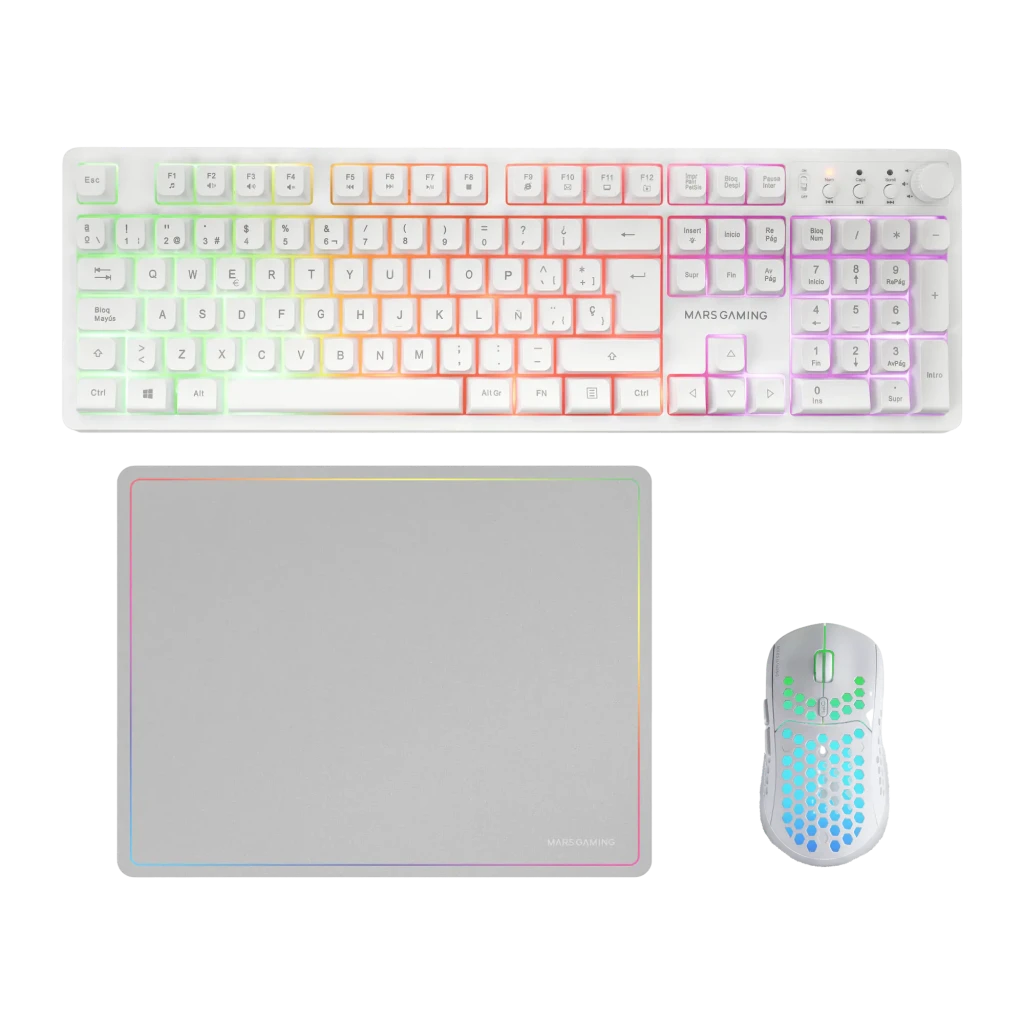 Mars Gaming MCPWXWES Blanco, vista superior: teclado QWERTY español completo con retroiluminación RGB multicolor - Ítem5
