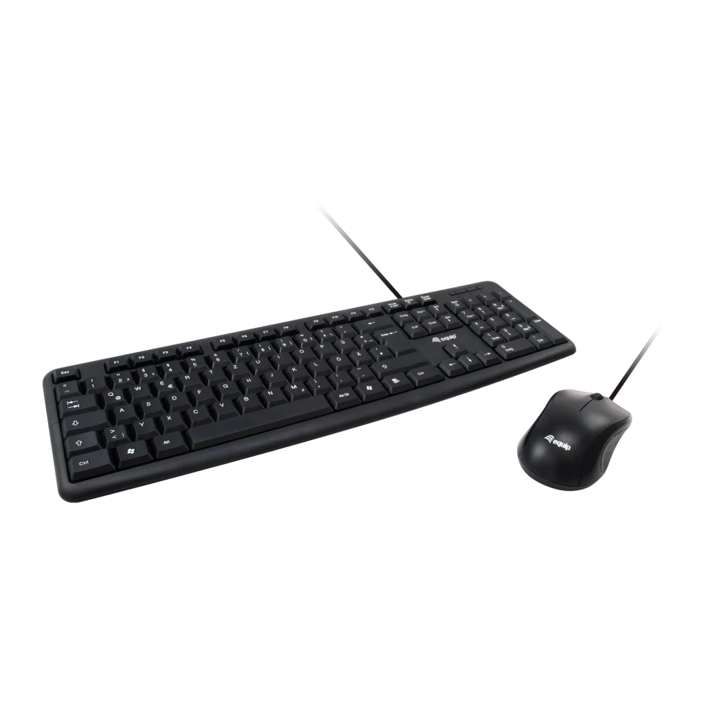 Equip Kit teclado e rato 245201 USB QWERTY preto, vista superior: teclado completo e rato com fio sobre fundo preto - Item1