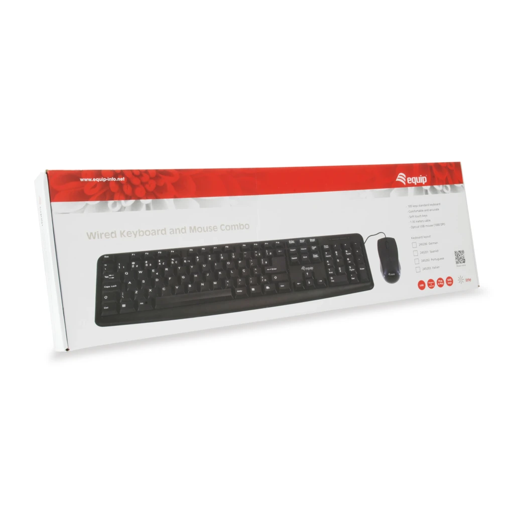 Equip Kit teclado e rato 245201 USB QWERTY preto, vista superior: teclado completo e rato com fio sobre fundo preto - Item7