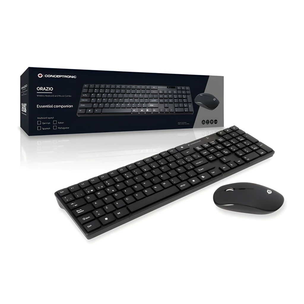 Conceptronic Orazio kit clavier et souris sans fil QWERTY noir, vue diagonale: clavier complet et souris sur fond sombre - Ítem3