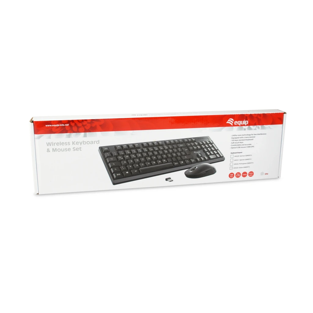 Equip Kit clavier souris sans fil 245221 QWERTY noir, vue dessus: clavier, souris et récepteur USB nano sur fond sombre - Ítem6