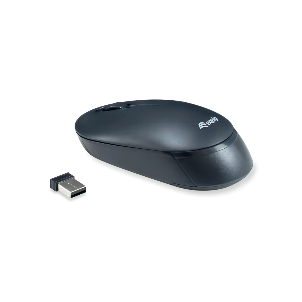 Equip Kit clavier souris sans fil 245221 QWERTY noir, vue dessus: clavier, souris et récepteur USB nano sur fond sombre - Ítem4