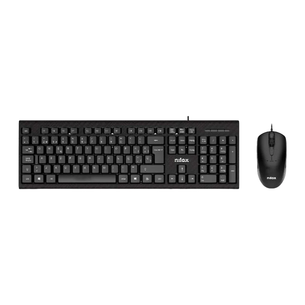 Nilox NXKME0011 preto, vista superior: teclado USB espanhol e rato com fio sobre fundo preto - Item1