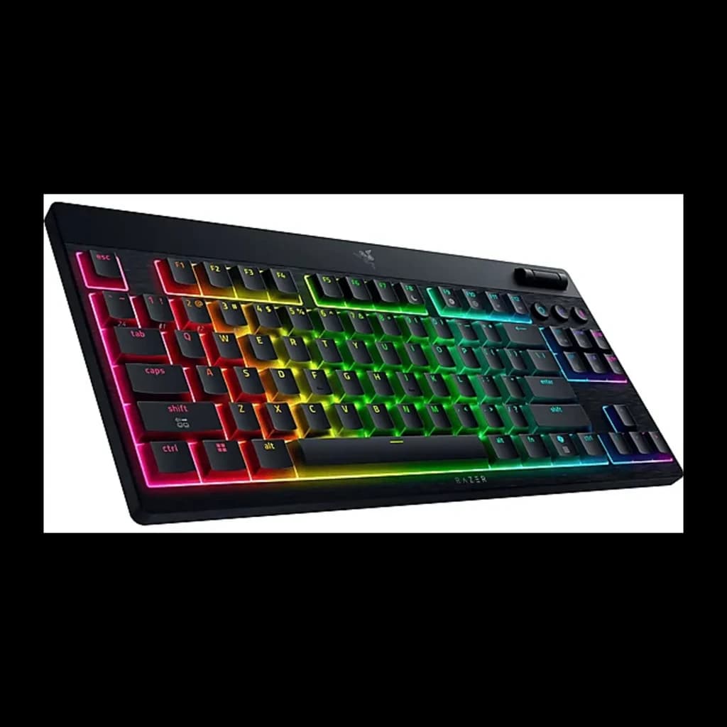 Razer BlackWidow V4 Low Profile Orange Switch naranja, vista en perspectiva: iluminación RGB multicolor en teclas y borde