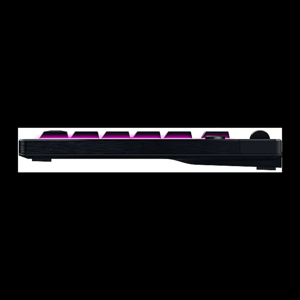 Razer BlackWidow V4 Low Profile Orange Switch naranja, vista lateral: perfil bajo con retroiluminación RGB morada y rueda de
