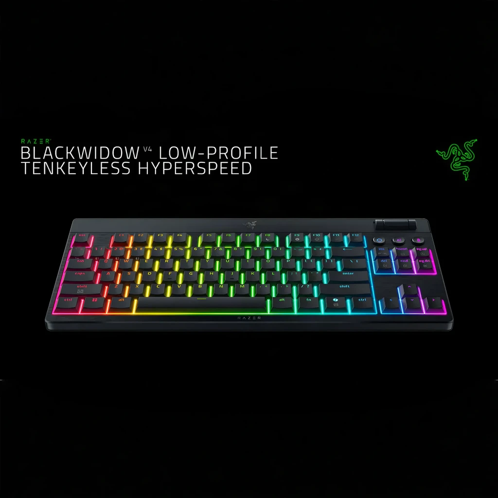 Razer BlackWidow V4 Low Profile Orange Switch laranja, vista superior: retroiluminação RGB multicolor em teclas baixas e - Item3
