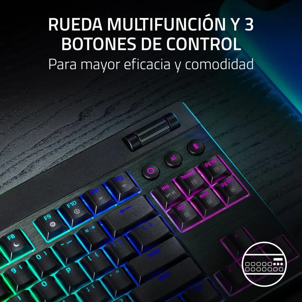 Razer BlackWidow V4 Low Profile Orange Switch naranja, detalle: rueda multifunción y 3 botones de control con
