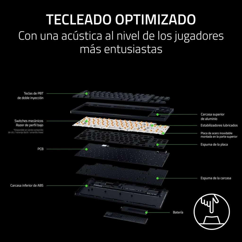 Razer BlackWidow V4 Low Profile Orange Switch naranja, explosionada: capas internas con switches naranja, PCB, espuma y