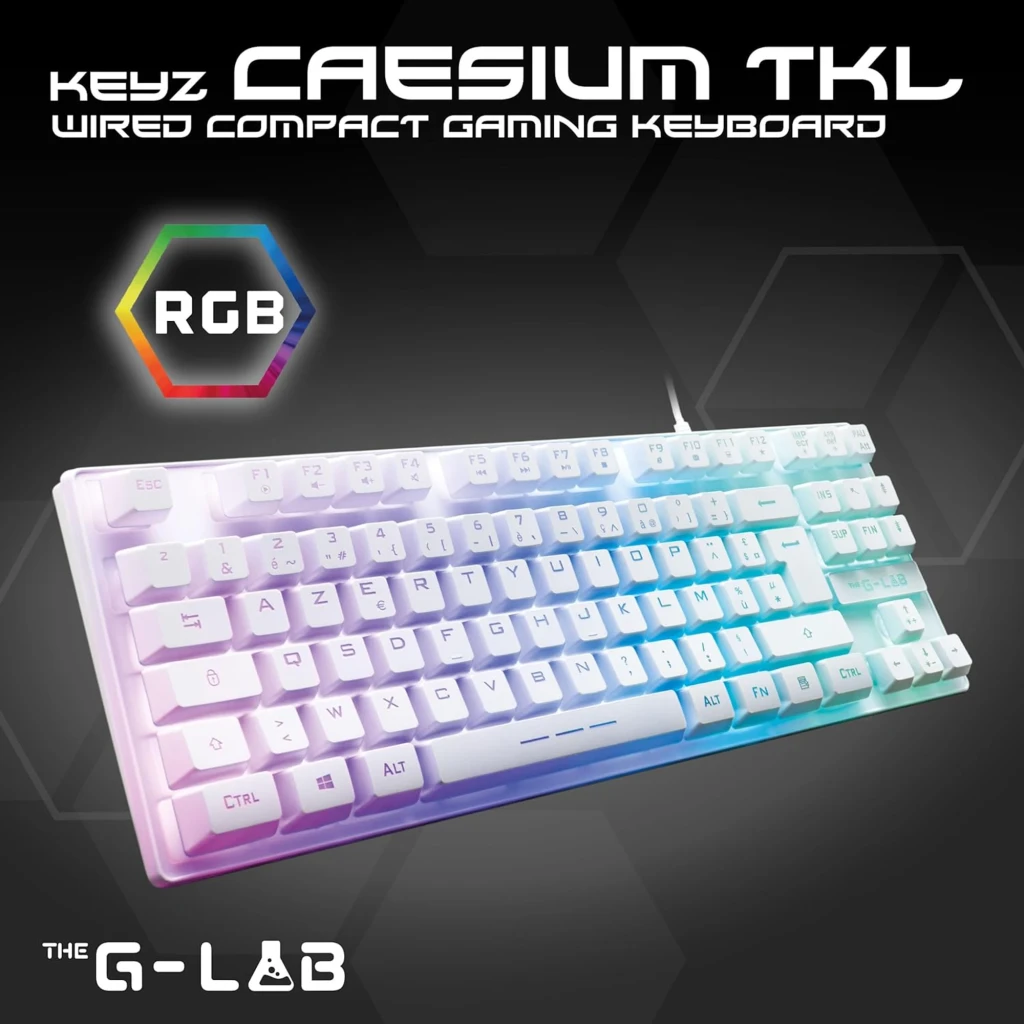 The G-Lab KEYZ-CAESIUMT Branco, vista superior: teclado TKL membrana RGB com retroiluminação multicolor rosa e verde - Item2