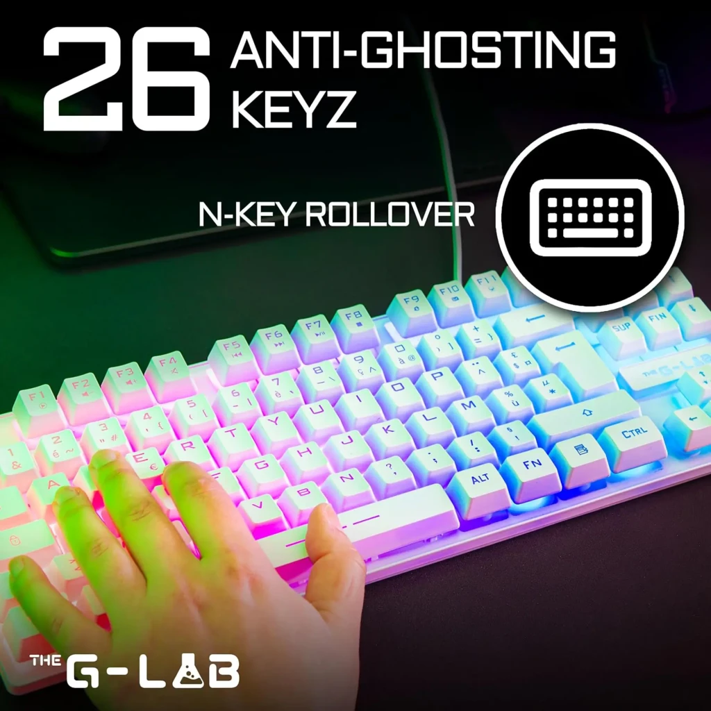 The G-Lab KEYZ-CAESIUMT Branco, vista superior: teclado TKL membrana RGB com retroiluminação multicolor rosa e verde - Item6